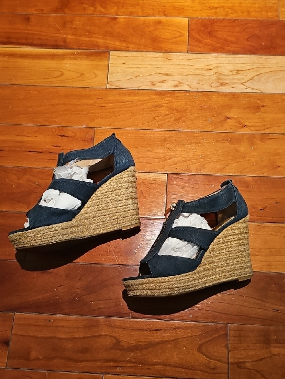 Michael Kors Navy Espadrille Wedge Sandals with Front Zip